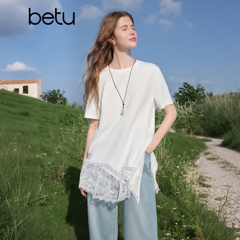 Betu Women s Irregular Hem Lace Patchwork Short-Sleeve Design Top S