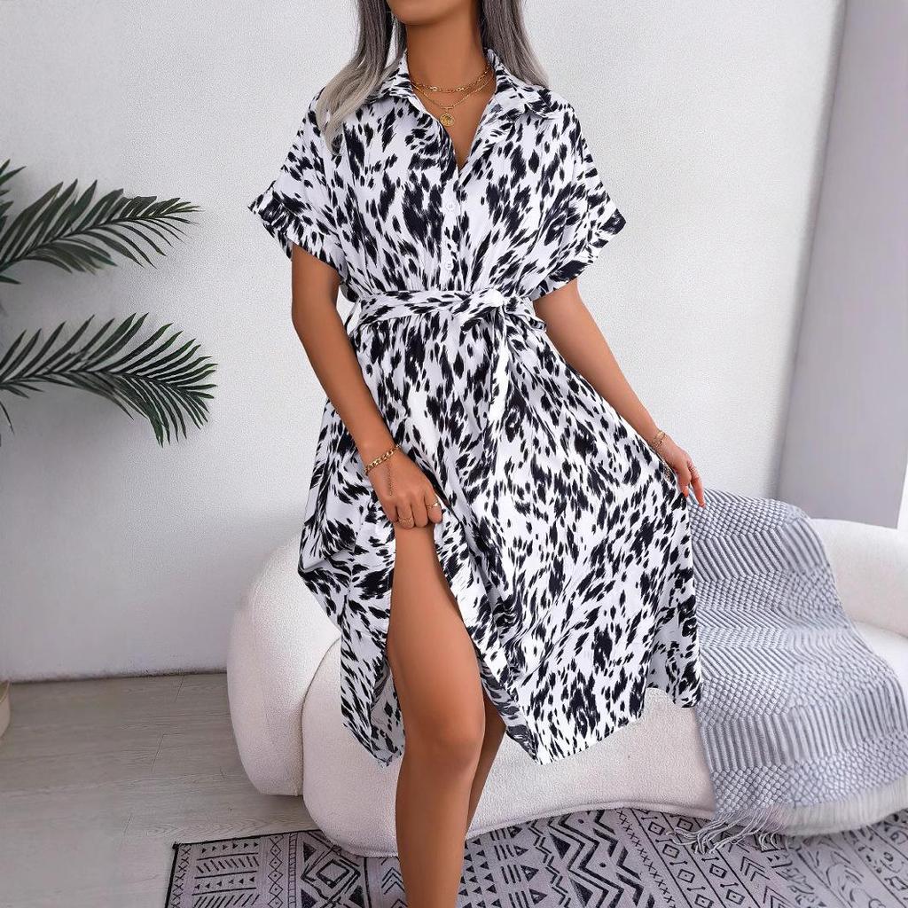 2025 Spring/Summer Casual Leopard Print Tie-Up Shirt Dress for Women