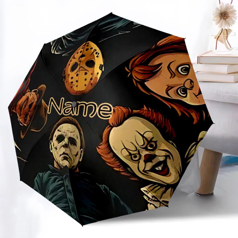 1PC Horror Icons - Custom Name Automatic Folding Umbrella - Compact 8-Rib Design, Durable Plastic & Iron, Daily Use S0106050