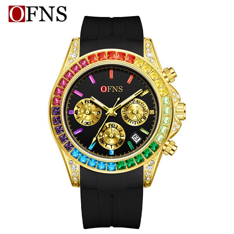 Quartz Luxury Mens Round Imitation Color Diamond Watches Movement Waterproof Men Wristwatches Week Display Male Clock