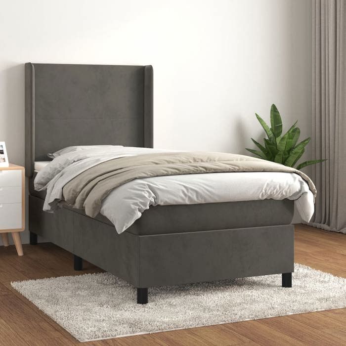 Lit - Maison Exclusive - 90x190 cm - Velours gris foncé - Matelas ressorts ensachés - Tête de lit réglable