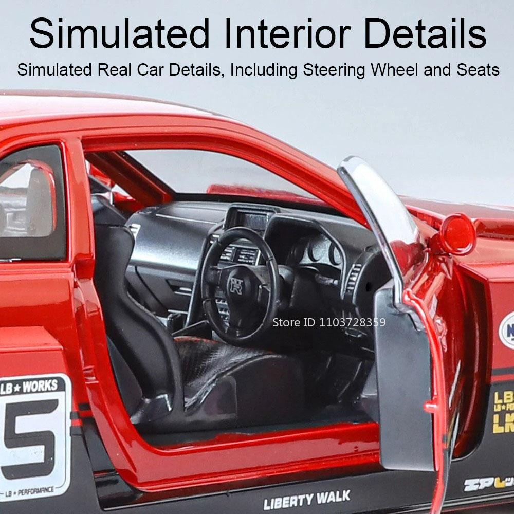1:24 Scale GTR-S15 GTR-R34 Sports Car Model Toy Wheel Steering Doors Opened High Simulation Vehicle Models Collectible Item