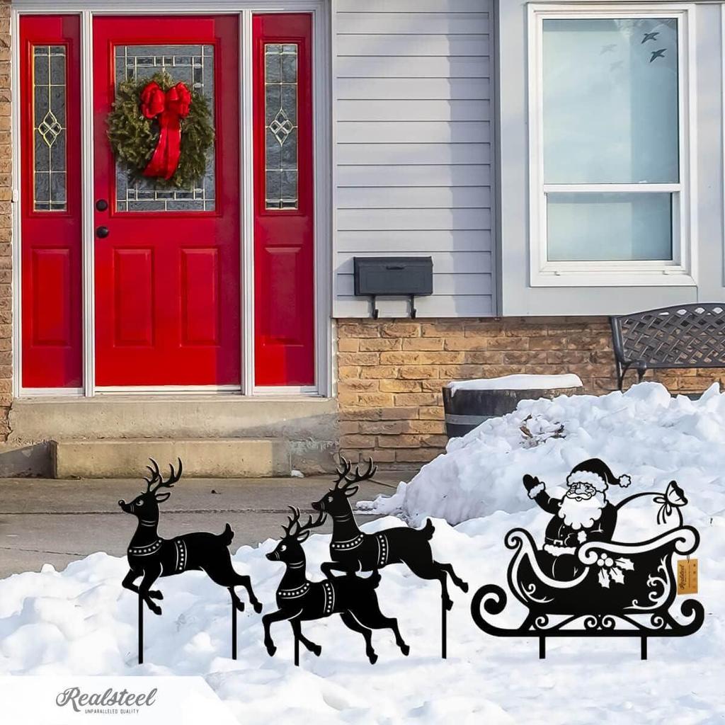Outdoor Christmas Reindeer & Santa Sleigh Metal Garden Decoration