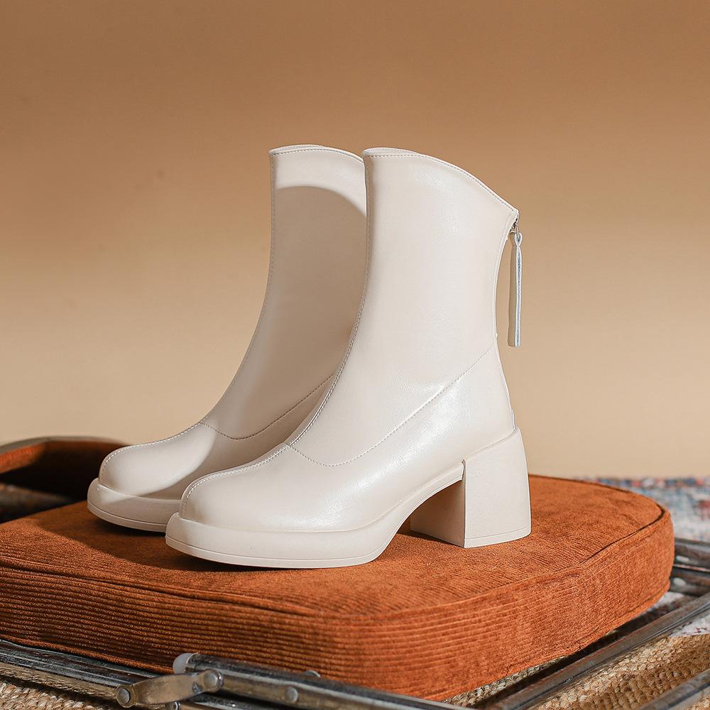 Autumn and winter new Korean small short boots women's thick heel thin boots round head super soft thick sole white short boots