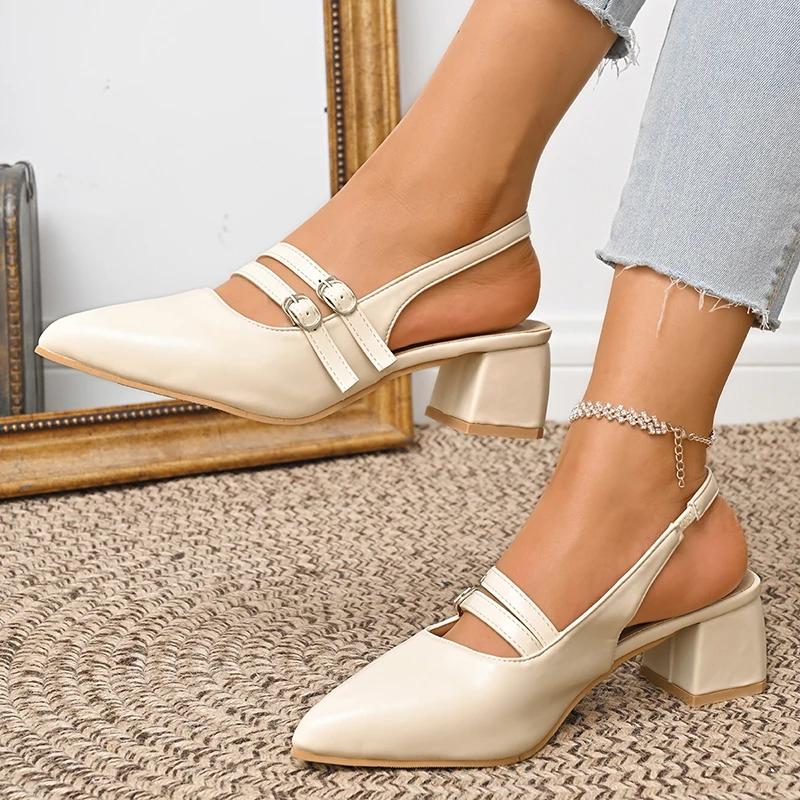 Pointed Toe Chunky Heel Sandals for Women Summer 2025 Double Buckle Strap Thick Heeled Pumps Mujer Dress Shoes Zapatos De Mujer