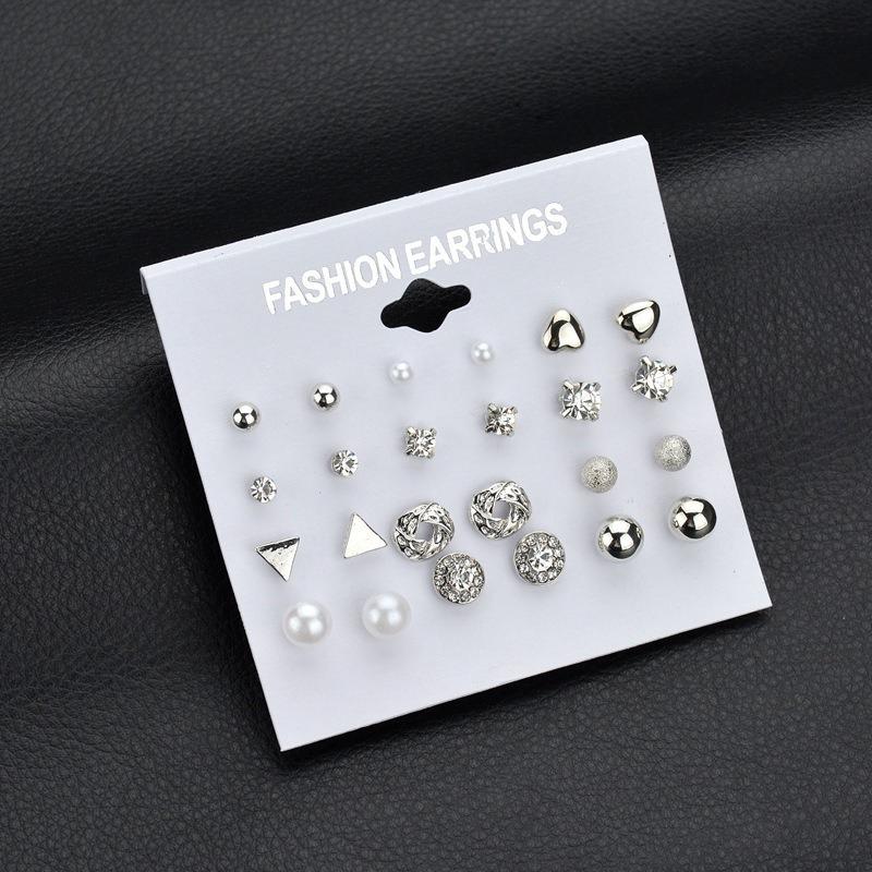 12 Pairs/Set Of Stud Earrings Pearl Zircon Card One Week Stud Earrings Simple Design Stud Earrings
