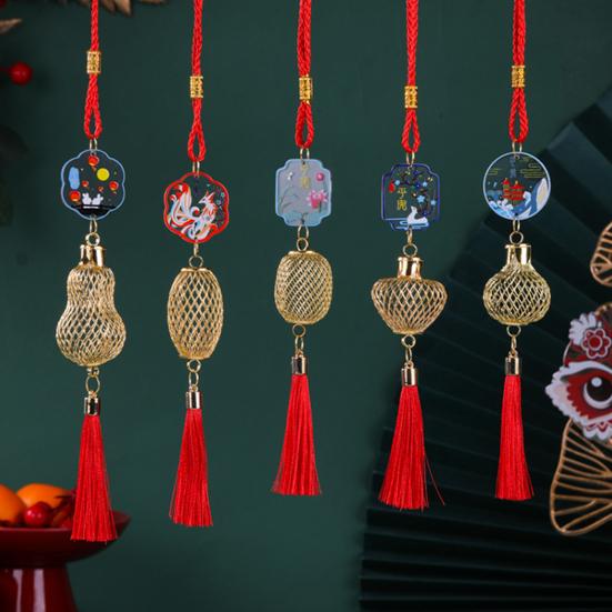 Chinese New Year Decoration Mini Golden Hollow Lantern Ornament Lucky Hanging Tassel Pendant for Fortune Wealth Success Home Kitchen Bonsai Tree Car