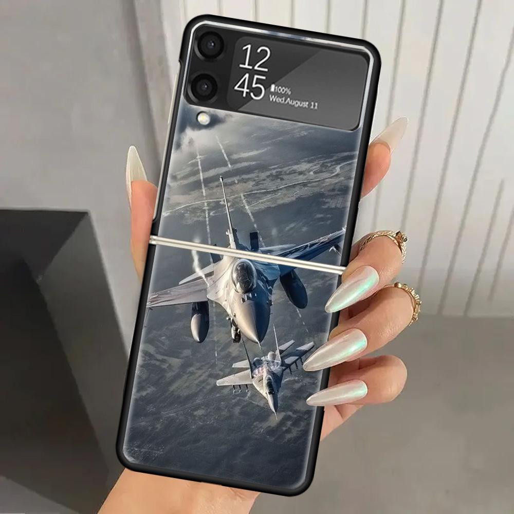 

Military Aircraft Warship Fighter Hard PC Phone Case For Samsung Galaxy Z Flip 6 5 4 3 Black Cover ZFlip6 Flip5 Flip4 5G Foldabl Samsung Z Flip