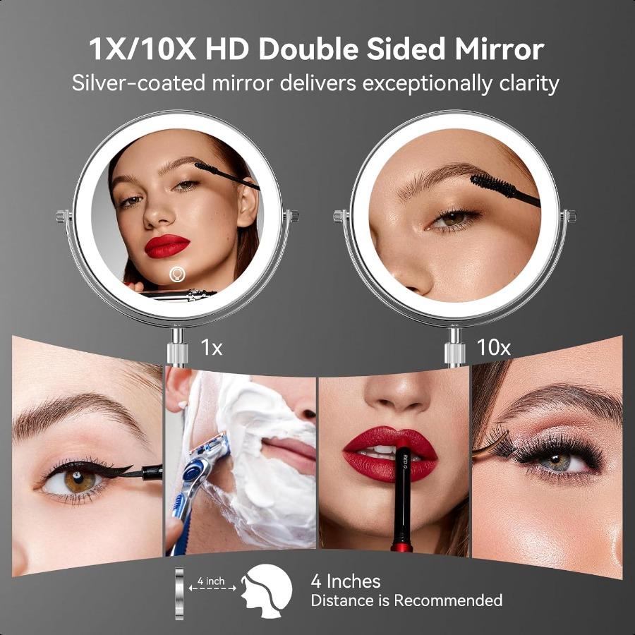 LED Lighted Makeup Mirror Tabletop 10X Magnifying Mirror with 3 Color Lights Brightn Adjustable Height Adjustable Double Sided