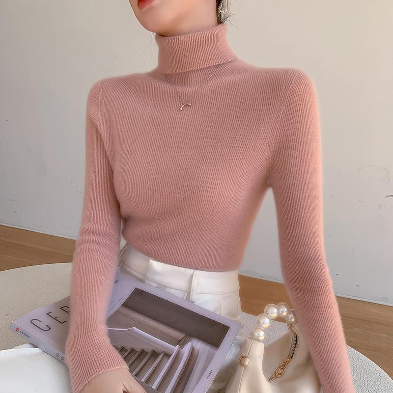 Women's Slim Fit Wool & Cashmere High Neck Sweater - Seamless, Solid Color for Autumn/Winter.