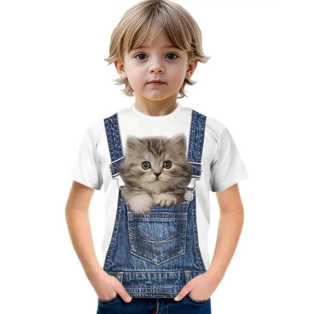 Hip Hop Cat Boy T-shirt Cute 3D Printed Boy Summer Short Sleeved Round Neck Casual Children's Top Outdoor Comfortable Children's Clothing