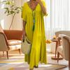1Pc Cotton Casual Simple Style Long Dress Baggy V Neck Womens Solid Color