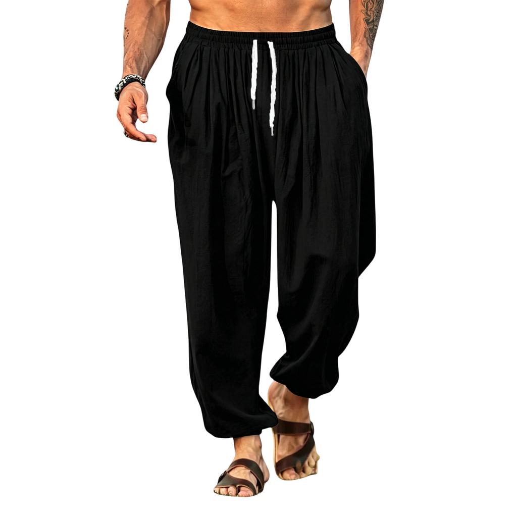 Linen Pants Men Drawstring Waist Relaxed Fit Mens Linen Pants Casual Lightweight Mens Beach Pants Comfortable Men Linen Pants for Daily Wear
