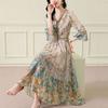 Silk Dress Women Summer French Waisted Floral Elegant V-neck Long Skirt