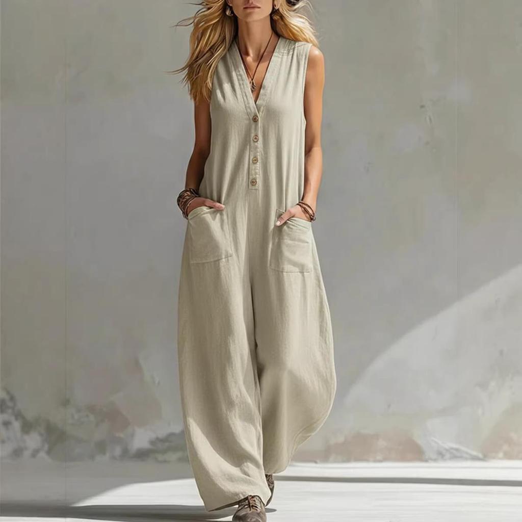 Women's Spring/Summer Sleeveless Jumpsuit - Casual Linen Cotton, European & American Style