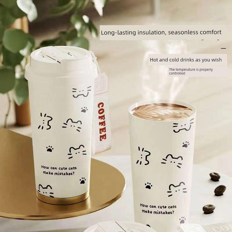 Line Drawing Cat Large-Capacity Insulated Cup with Straw, Drinking Cup for Sports, Car, Portable, for Male and Female Students, School Cup