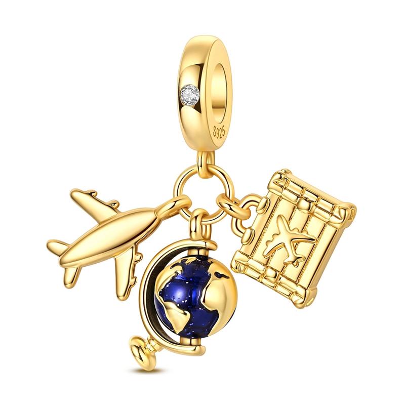 Original 925 Sterling Silver Charms Earth Passport Airplane Globe Compass Pendant Earrings Bracelet For Women Jewelry Set Gift