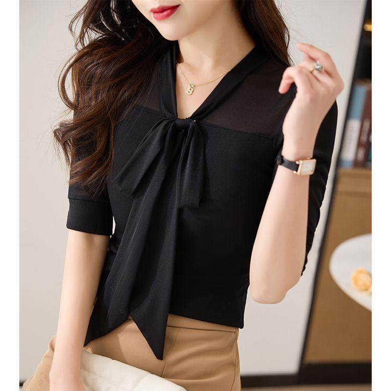 Chic and Elegant Mesh V-neck Short Sleeve Blouse for Women with Big Size That Covers The Abdomen and Highlights Slimming Effect