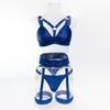 Women's Metallic Chain & Bandage Style Bra Set, Push-Up Corset with Steel Ring for Queen Role Play, Black and Blue