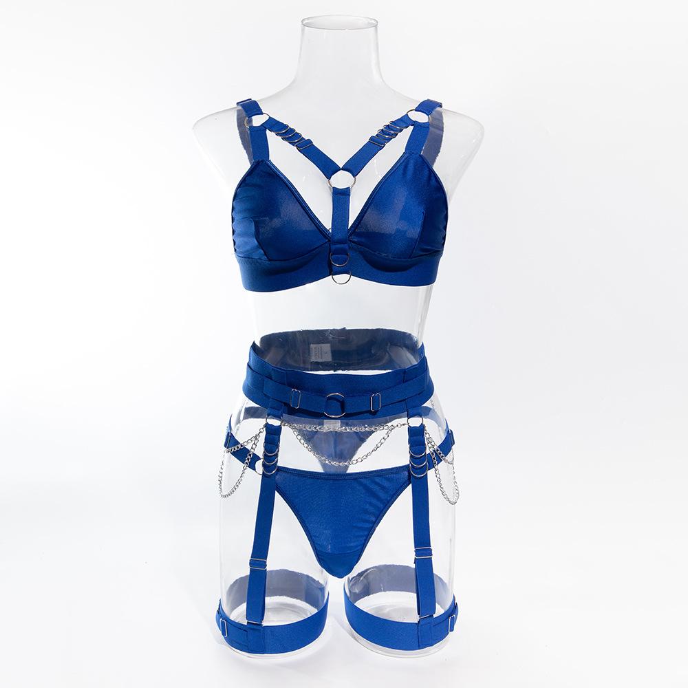 Women's Metallic Chain & Bandage Style Bra Set, Push-Up Corset with Steel Ring for Queen Role Play, Black and Blue