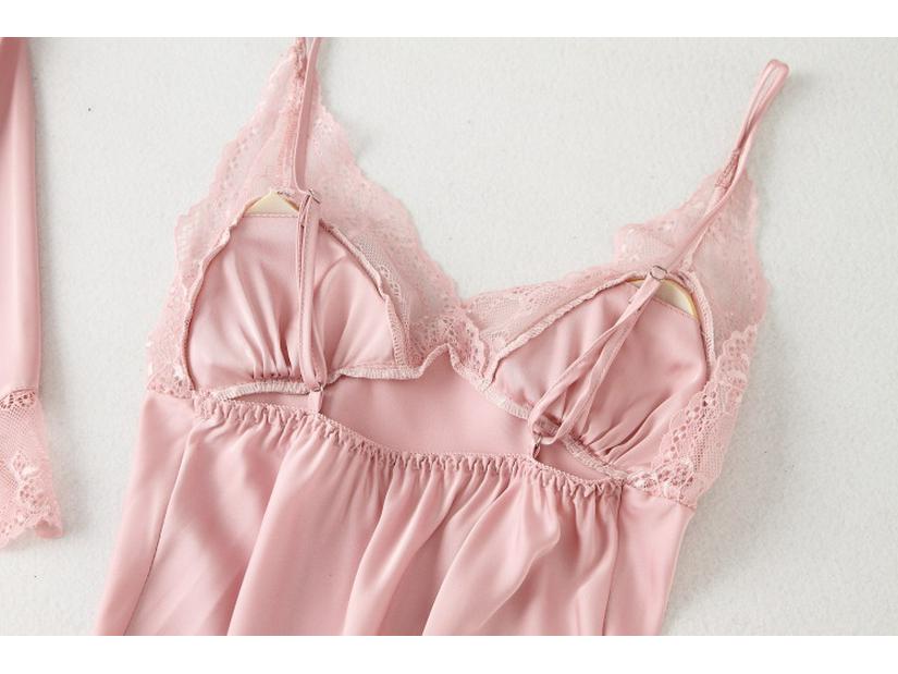 Sexy Pure Desire Lace Pajama Set: Solid Color Slip Dress with Tie-Up Morning Robe