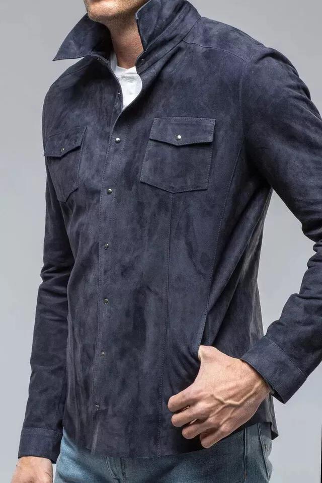 Marynarka męska w kolorze granatowym z miękkiej skóry zamszowej Nowa ręcznie robiona, stylowa, swobodna