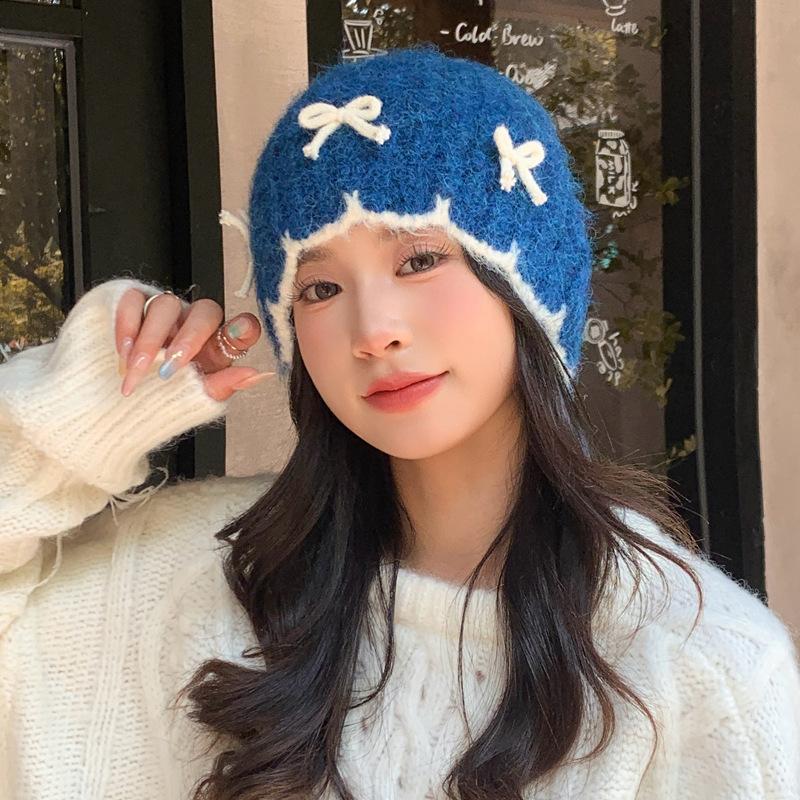 Women's Autumn and Winter Sweet and Versatile Bow Knitted Wool Hat Korean Style Big Head Surround Head Hat Warm Cold Hat New