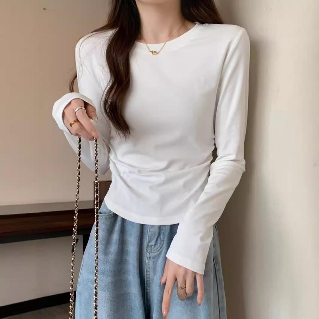 Simple and fashionable slim-fitting thin shirt top, spring pleated card waist long-sleeved women's inner bottoming shirt