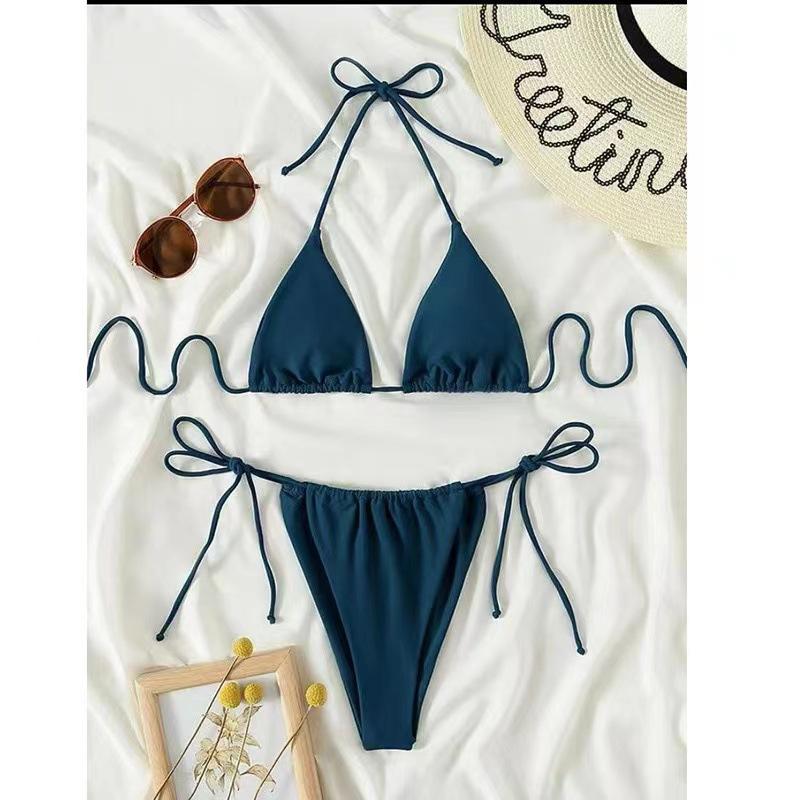 Klasické dámské bikiny tříbodové jednobarevné sexy těsné bez zad trojúhelníkové rozdělené plavky
