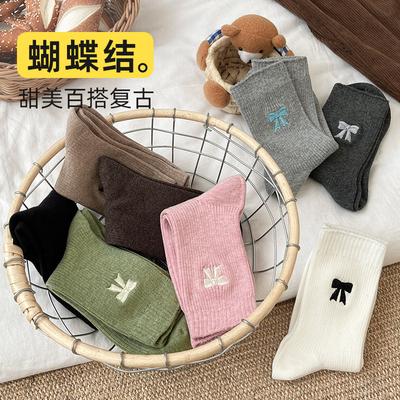 Bow Socks Women'S Autumn Korean Wind Cotton Socks Retro Medium Tube Socks Solid Color Women'S Socks Medium Tube Stacking Socks