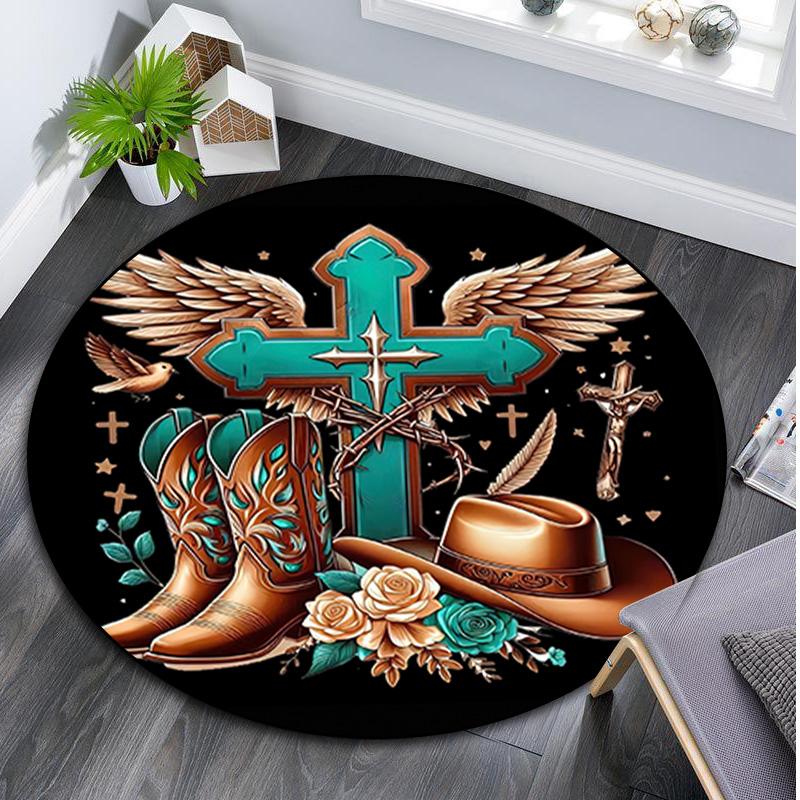 1Pc Cowgirl Boots Hat Circular Print Rug - Home Decoration Carpet For Living Room Bedroom Flooring Computer Chair Area Rug