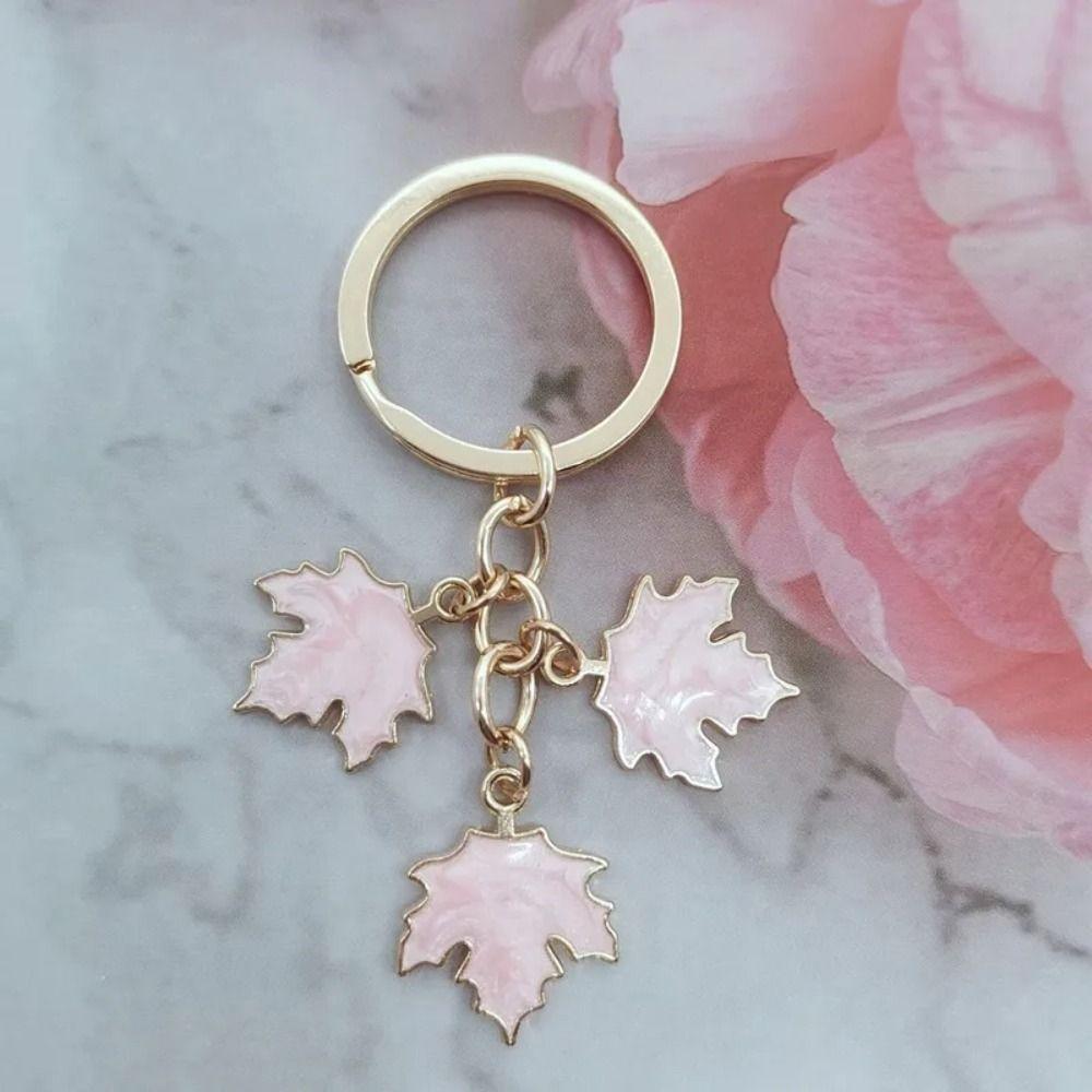 Creative Maple Leaf Keychain with Pearl Lanyard Leaf Metal Keyring Enamel Plant Key Rings  Girls
