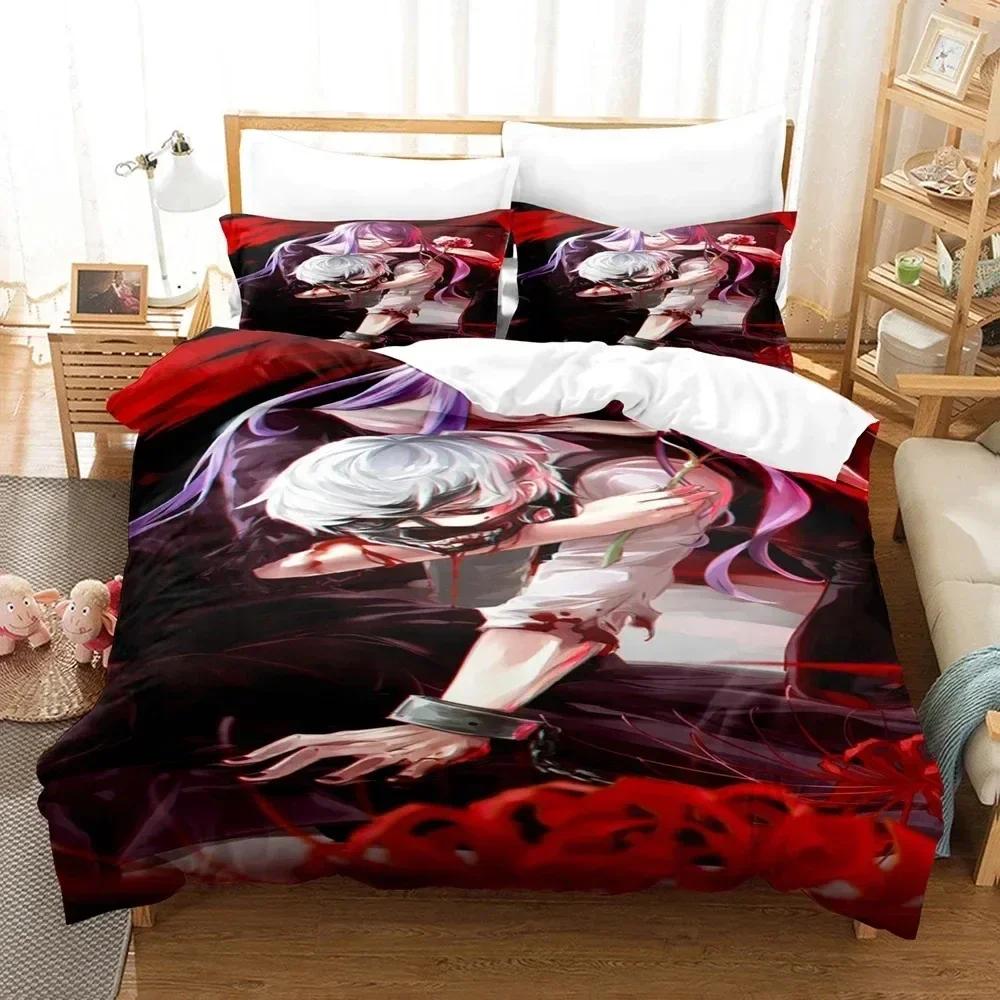 Top 3D Anime Tokyo Ghoul Bedding Set Double King Soft Children Bedroom Down Coat Set Animation Tokyo Ghoul Customizable Style