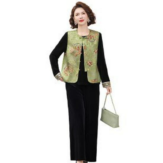 

Elegant Golden Velvet Spring Suit for Mothers: Three-Piece Vest Set for Middle-Aged Women 3XL зелений