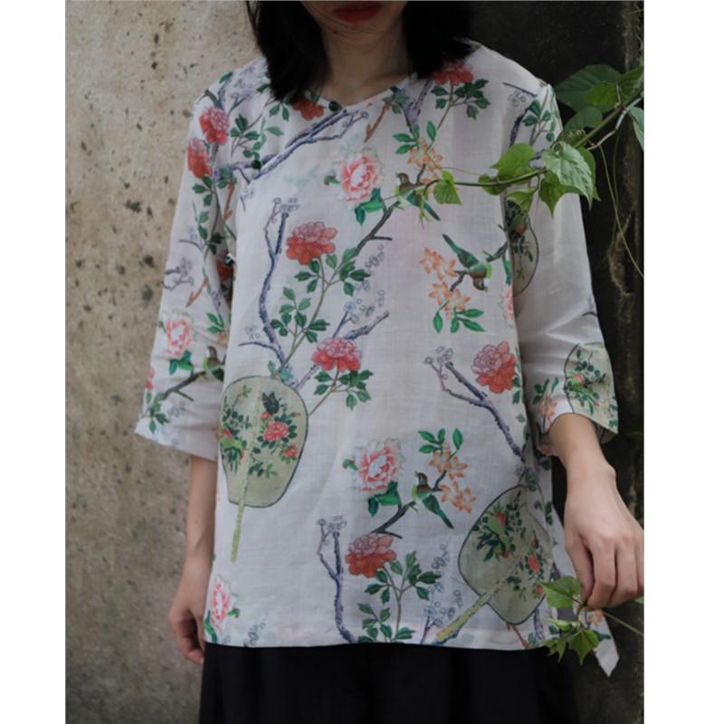Johnature Woman Spring Print O-Neck Vintage Style Casual Shirt Fashion Chinese Style Personality Long Sleeves Shirt