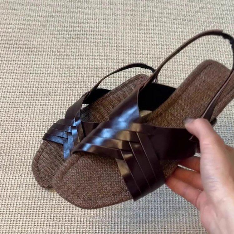 

Soft leather version~ retro woven cross-strap flat-soled Roman shoes back strap versatile square head casual open-toed sandals women 39 коричневый