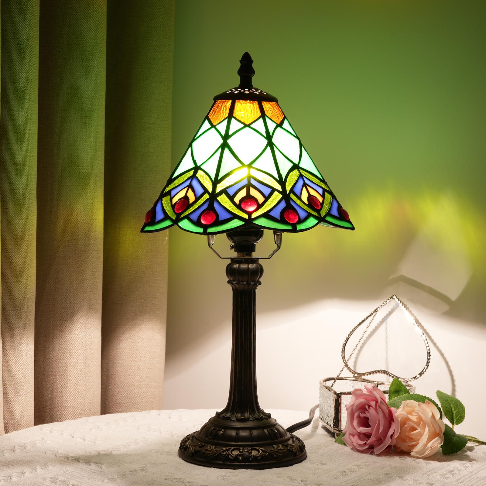 

Table Lamp Green Peacock Tail Stained Glass Lamp Vintage Desk Light for Bedside Living Room Office Dormitory Dining Room EU