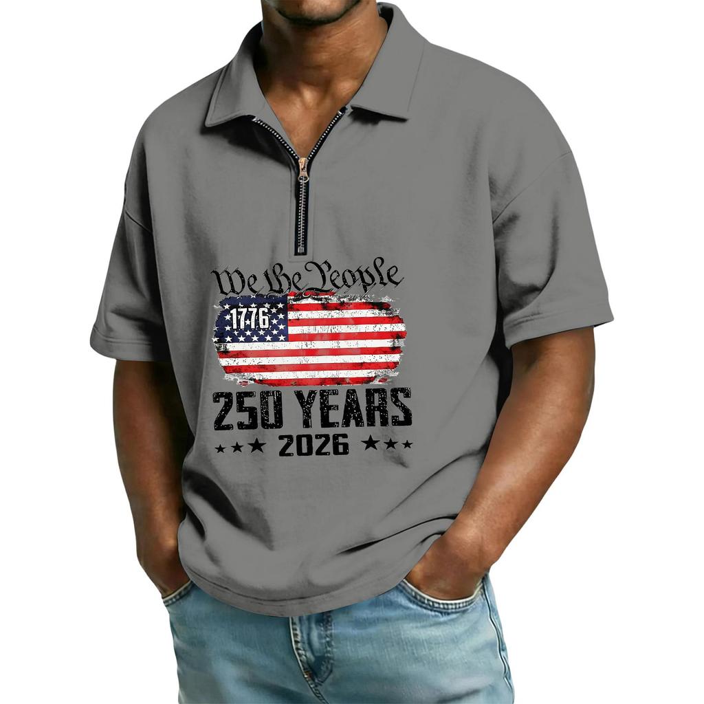 Men's Casual Loose American Independence Day Printed T-shirt Lapel Short Sleeve Daily Tops