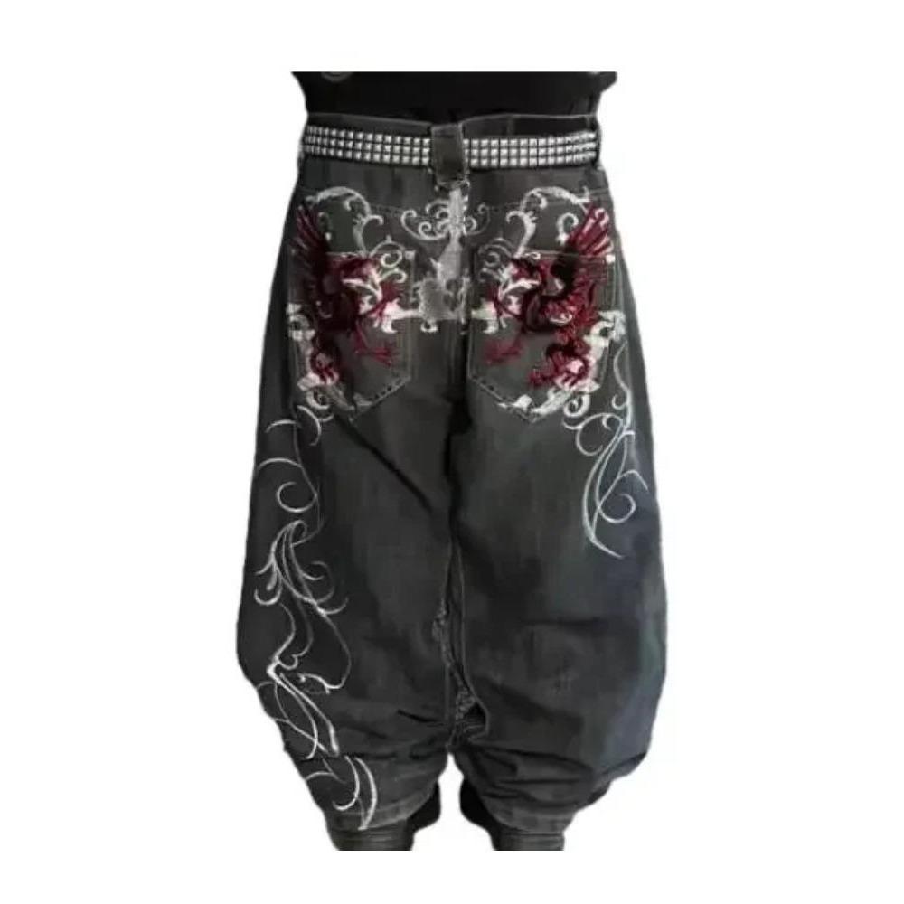LUXEON American Retro High Street Y2K Personalized Patchwork Letter Embroidered Jeans Gothic Fashion Wide-leg Denim Trousers