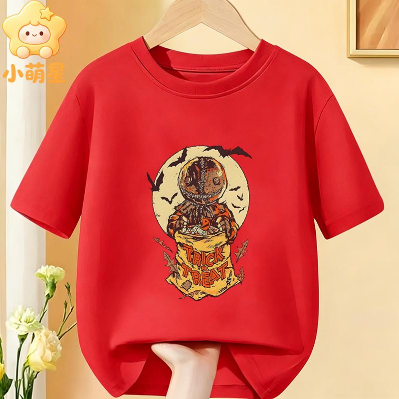 Halloween Vintage Trick or Treat Scarecrow Moon Bat Printed Kids Tee Cotton O‑Neck Short Sleeve Fashion Children Clothing Tops