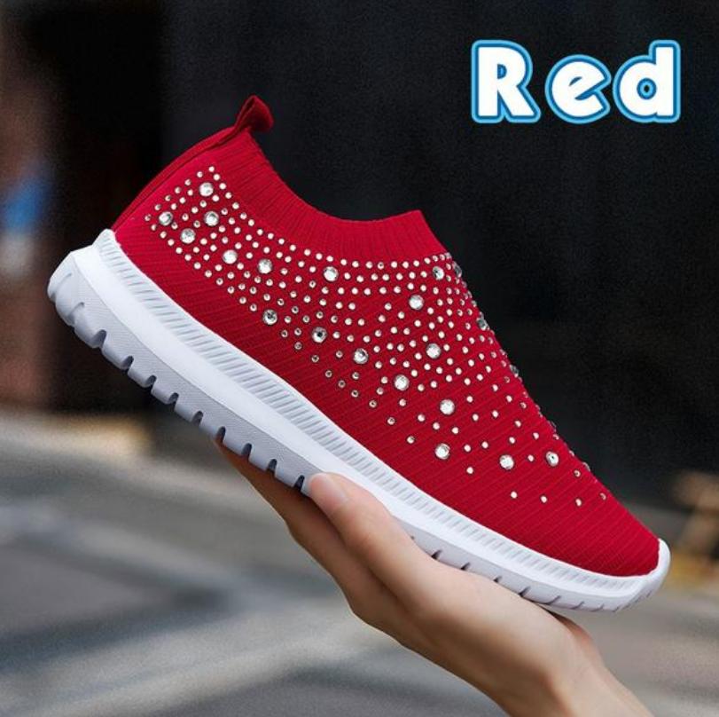 Women's Lightweight Breathable Mesh Elastic Casual Shoes Striped Rainbow Rhinestone Shoes