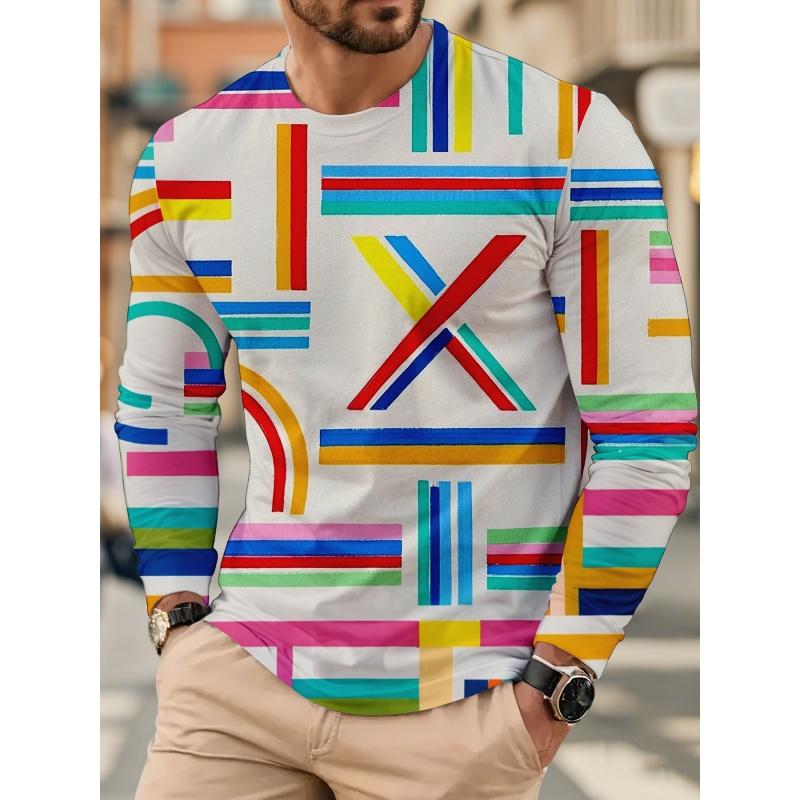 3D Color Block & Geometric Pattern Printed Short Sleeved Men's T-shirts - Soft Medium Stretch Polyester Fabric Spring and Autumn Relaxed Fit Clothing