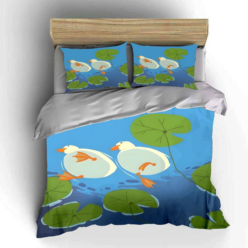 Ducks and Lily Pads Cartoon Print Bedding Set 1 Duvet Cover 2 Pillowcases for Adult and Children Luxury Gift Full Size