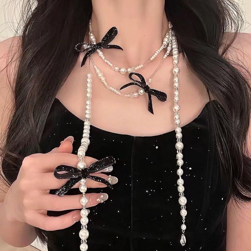 Elegant Multi Layered Pearl Ribbon Bow Layered Tassel Necklace Niche Sweet Drape Neck Chain Trendy Necklace Jewelry Accessories