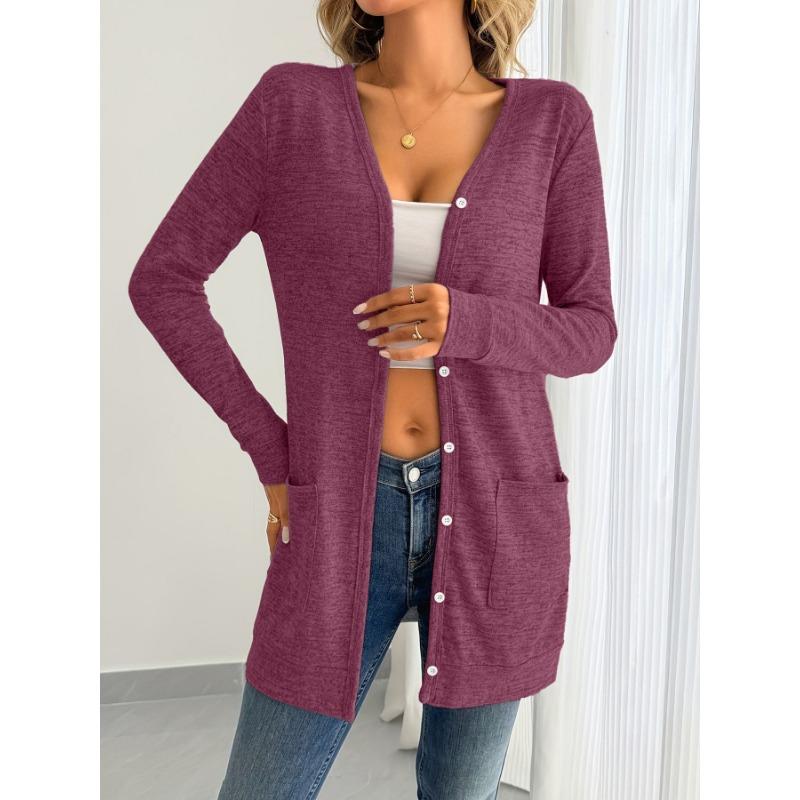 Women's New Autumn and Winter Solid Color Loose V-neck Long Sleeve Pocket Waist Cardigan Jacket