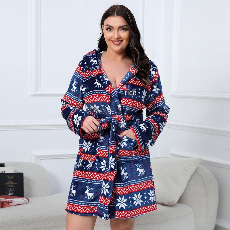 Puszysty Szlafrok Flanelowy Świąteczny Renifer Plus Size - Przytulny i Gruby