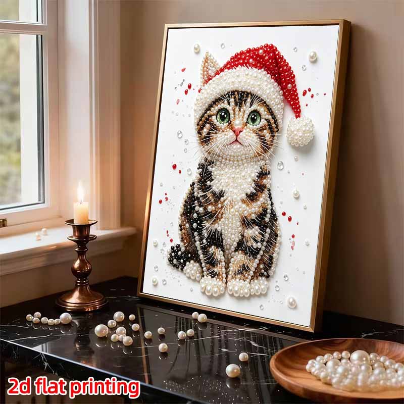 Frameless Pearl Painting Kit Cute Cat Christmas Aesthetic Wall Art DIY Sparkling Bead Canvas Room Decor Creative Craft