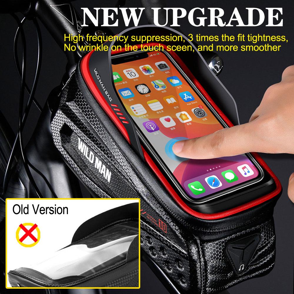 WILD MAN New Rainproof Bike Bag Bicycle Front Cell Phone Holder with Touchscreen Top Tube Cycling Reflective MTB