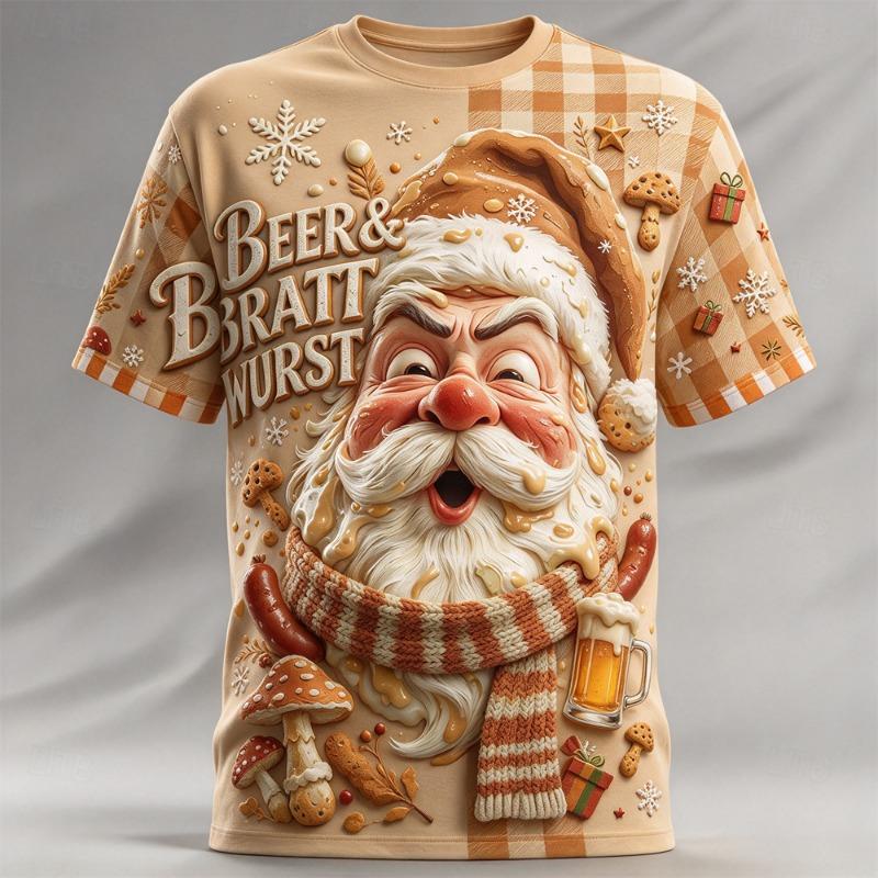 Men Christmas Short Sleeve T-shirt Santa Print Tee Snowflake Xmas Pattern Casual Tops Ugly Christmas Outfit Holiday Gift for Men