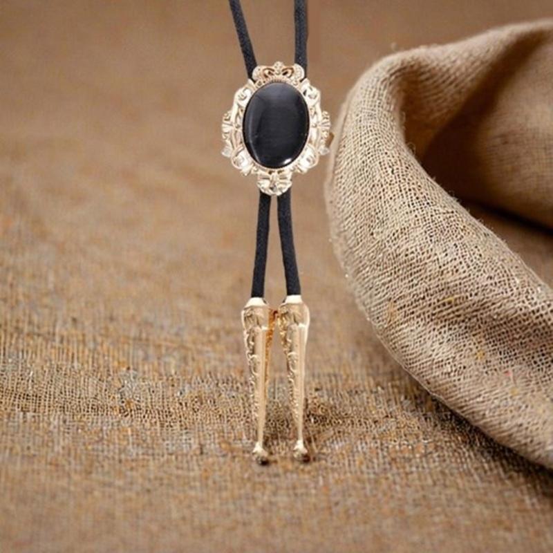 Handmade Vintage Bolo Tie Western Cowboy Leather Rope Wedding Necktie with Metal Flower Crown Stone Jewelry Necklace